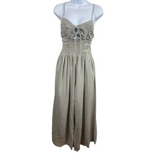 Free People Smocked Wide Leg Jumpsuit XS Sage Green Tie Front Linen Distressed